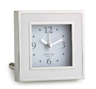 White enamel square alarm clock with a silent sweep movement by Addison Ross.