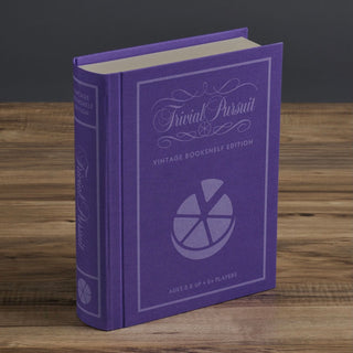 Trivial Pursuit Bookshelf Edition by WS Game Company this game includes a fabric-wrapped book with integrated storage
Full-size game board
2 Card boxes each containing 100 question-and-answer cards
6 Pie movers
36 Scoring wedges
1 Die
Instructions