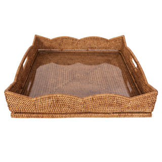 Artifacts Rattan Scallop Square Tray with Glass Insert: Honey Brown / 20"x20"