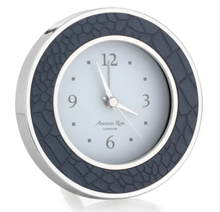 Faux croc blue and silver trim alarm clock with smooth sweep movement by Addison Ross 