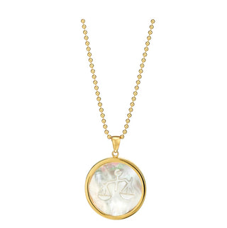 Asha zodiac pendant in mother of pearl, 1.25” diameter and 14k gold dipped.
Chain sold separately.