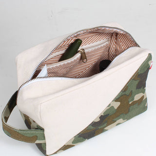Inside view of ShoreBags Natural White and Camo Tavel Kit with camo canvas handle.