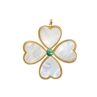 14k gold dipped oversized heart clover pendant by Asha with mother of pearl and malachite cabochon in the center. Chain sold separately. 

30mm

 