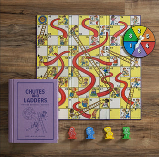 Chutes and Ladders Vintage Bookshelf Edition game by WS Game Company.
Fabric wrapped book with integrated storage with
Full-sized vintage game board with graphics adopted from the 1979 edition- Chutes and Ladders
Vintage spinner with arrow
4 “Frosted” plastic playing pieces
Instructions