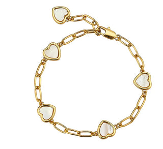 Asha Heart  Bracelet
14k gold dipped bracelet with five mother of pearl heart stations. 6.85" length, adjustable shorter.

