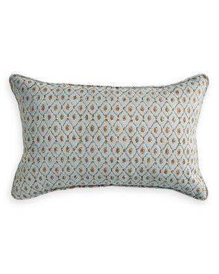 Walter G Samarkand Sahara block print pillow with diamond pattern in pale blue with tan motif.