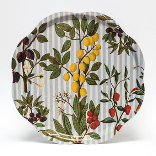 Festival of Fruits Birchwood Tray by Roomytown. Round tray with fruit illustration and stripes. 