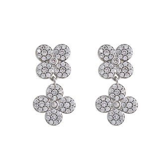 White rhodium Felicity 4 petal flower with pave CZ in a double drop earring

