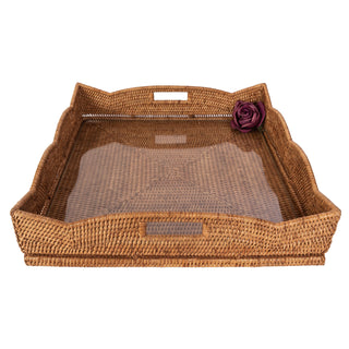 Artifacts Rattan Scallop Square Tray with Glass Insert: Honey Brown / 20"x20"