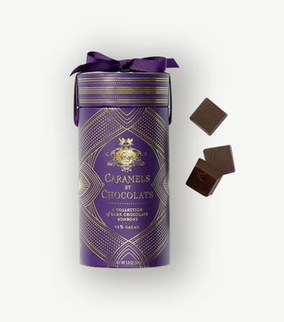 Caramels Et Chocolats by Vosges Haut- Chocolat.
individually wrapped caramel bonbons arrive nestled inside an elegantly petite purple parcel. Each bonbon offers a caramel center that will burst forth and delight your palate with the richness of buttery caramel and chocolate.