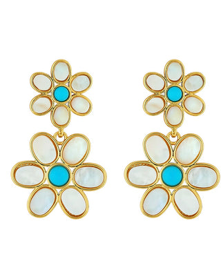 Gold dipped daisy double drop earring with mother of pearl petals & turquoise cabs