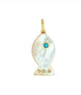 14k gold dipped Madaket fish charm with mother of pearl, a turquoise cab & faceted pink cz. 

13 x 23mm