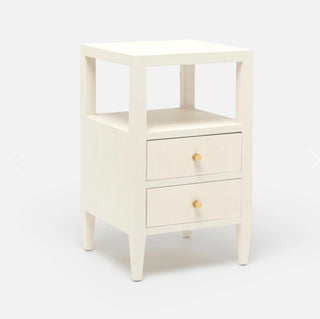 Jarin Nightstand in White Faux Belgian Linen by Made Goods. Faux linen nightstand with two drawers with knobs.