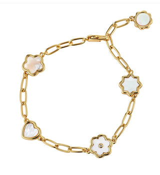 14k gold dipped bracelet with 5 mother of pearl stations - flower, kismet, garden, heart and Lilia. 6.75", adjustable shorter.