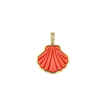 Asha 14k gold dipped Santaky scallop charm with coral & pave cz bail 
0.75" tall