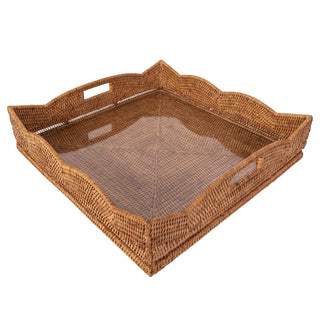 Artifacts Rattan Scallop Square Tray with Glass Insert: Honey Brown / 20"x20"