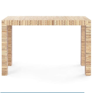 grasscloth console finished in cool natural, sealed with lacquer for subtle shine and layered tactility.