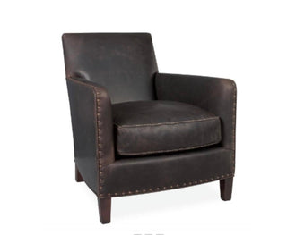 Lee Industries dark brown leather armchair with nailheads on the arms and base in front.