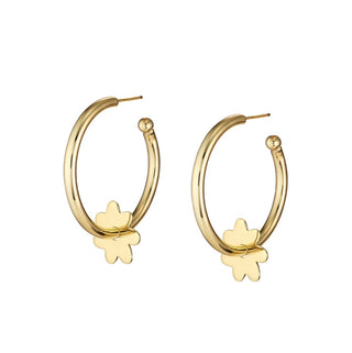 Tamsin hoops by Asha. Hoop with flower charm 14k gold dipped. 
 1.5" hoop with .65" charm