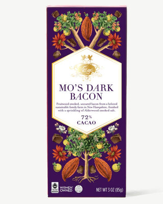 MO’s Dark Bacon Chocolate Bar by Vosges Haut-Chocolat.
Fruitwood smoked uncured bacon + 72% cacao dark chocolate + Alderwood smoked salt.
Processed on equipment that also processes Milk, Soy, Wheat, Eggs, Peanuts, Sesame, and Tree Nuts.