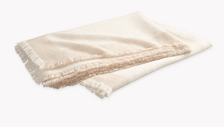 Off white blanket throw blanket with champagne banding.
