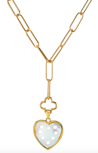 14k gold dipped Clover Lariat paired with a 14k gold dipped mother of pearl Heart Charm.