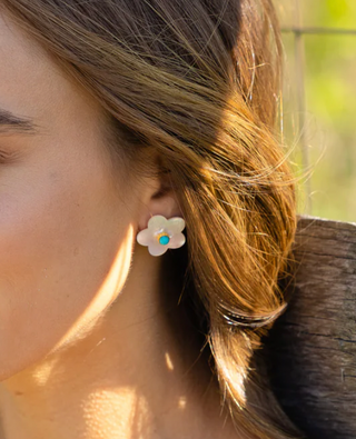 14k gold dipped Azalea stacked stud with two layered mother of pearl flowers and turquoise centers.