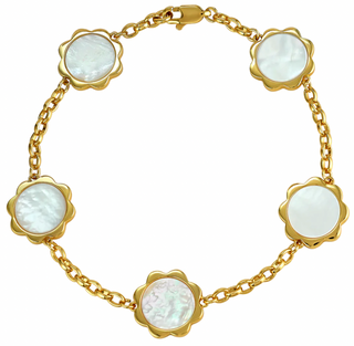 14k gold dipped flower bracelet with 5 double sided mother of pearl flower stations. 