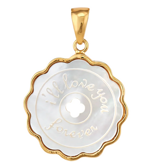 Mother of pearl and 14k gold dipped charm inscribed with “I’ll love you forever”