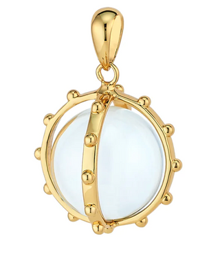 14k gold dipped rock crystal ball charm in a studded cage
