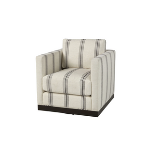 Swivel chair with a solid wood base featured in a stripe fabric.