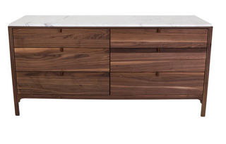 trra walnut dresser with marble top, 6 drawers and leather pulls 