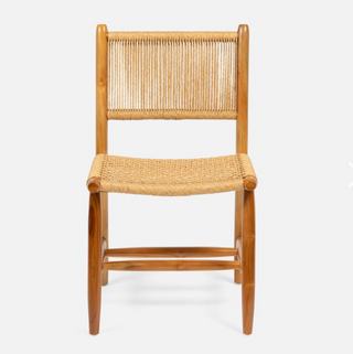 Made Goods Corenne teak dining chair. Danish design with natural woven fiber wrapped back and woven seat. Front view.