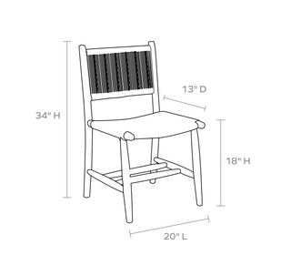 Made Goods Corenne teak dining chair. Danish design with natural woven fiber wrapped back and woven seat. Line drawing of dimensions: 20"L x 13"D x 34"H, Seat Height 18"H