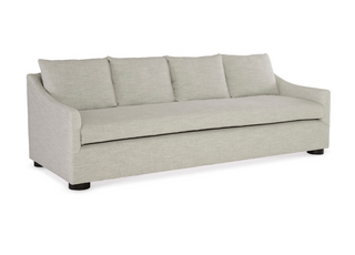 Lee Industries pale grey and off white sofa with a bench seat cushion and four back pillows.