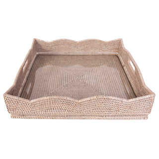 Artifacts Rattan Scallop Square Tray with Glass Insert: Honey Brown / 20"x20"