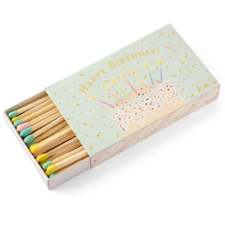 This box of 60 matches by Karen Adams Designs tipped in yellow, pink and blue is a gift that anyone in your life is sure to get plenty of use from. Outside of box reads Happy Birthday.