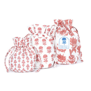 St Barts Pink Travel Bags Set of 3 by Maison Marigold. Block Printed Cotton Travel Bags-perfect for toiletries or jewelry.