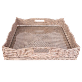 Artifacts Rattan Scallop Square Tray with Glass Insert: Honey Brown / 20"x20"