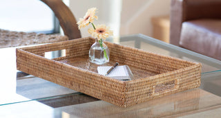 Rattan rectangular tray with cutout handles by Artifacts.