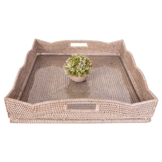 Artifacts Rattan Scallop Square Tray with Glass Insert: Honey Brown / 20"x20"