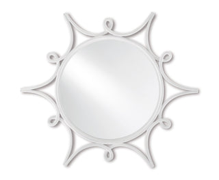 decorative mirror with a wave and loop pattern along its circumference 