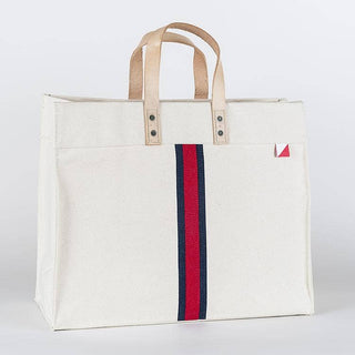 ShoreBags Natural White tote bag with navy and red stripe down the middle and natural tan handles.