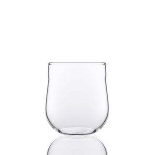Clear glass with raised rim, rounded bottom.