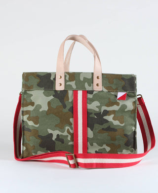 ShoreBags Venture Camo tote bag with red and white adjustable strap and stripe down the middle. With natural tan handles.