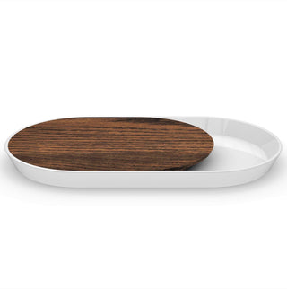 Oval white platter with inset walnut wood tray. 