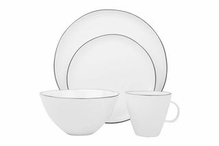 White dishware with grey rim. Dinner plate, salad plate, bowl and mug