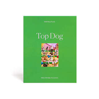 Piecework Puzzles Top Dog 1000 piece puzzle in a green box. Dog theme. 