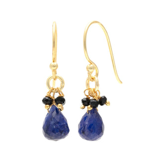 Blue Sapphire Drop Earrings with Black Onyx Accents, 18KGP