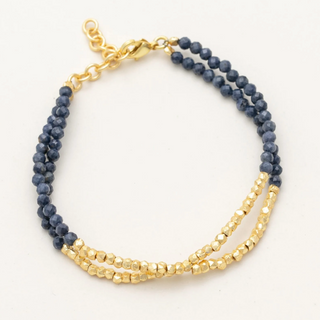Two line bracelet with lapis and gold beads in the center